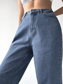 SHEIN PETITE High Waist Straight Leg Jeans - Medium Wash - View 5