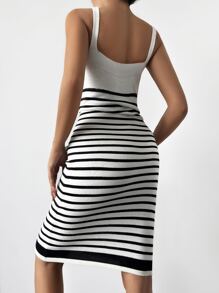 EURMUSE Striped Pattern Cami Jumper Dress - Black and White - View 5