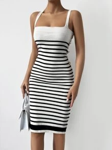 EURMUSE Striped Pattern Cami Jumper Dress - Black and White - View 1