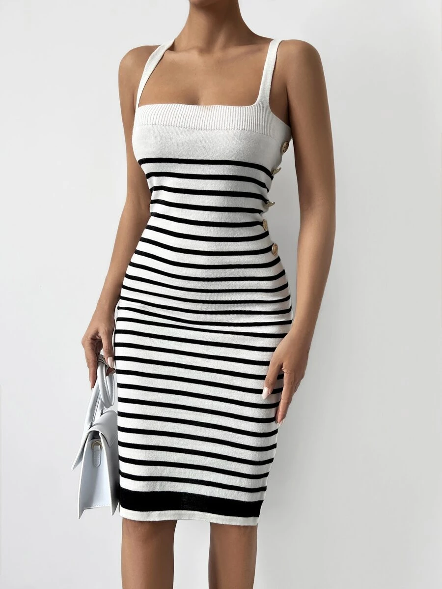 EURMUSE Striped Pattern Cami Jumper Dress - Black and White - View 1