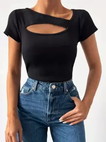 EURMUSE Cut Out Asymmetrical Neck Tee - Black - View 2