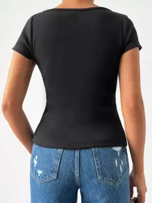 EURMUSE Cut Out Asymmetrical Neck Tee - Black - View 3