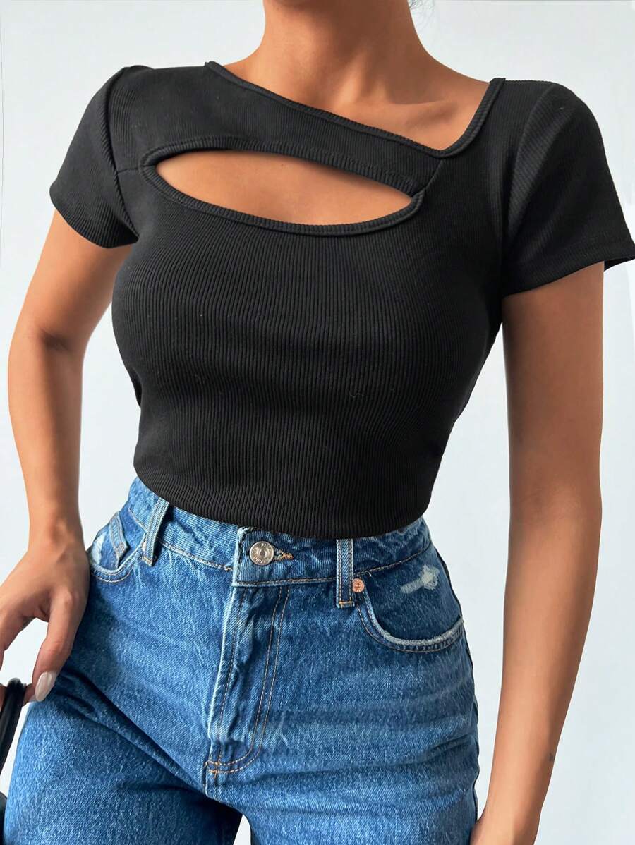 EURMUSE Cut Out Asymmetrical Neck Tee - Black - View 1