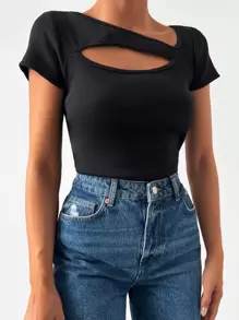 EURMUSE Cut Out Asymmetrical Neck Tee - Black - View 5