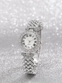 1台女裝手錶女士銀色鋅合金錶帶迷人的石英手錶和5件項鍊手鐲戒指耳環珠寶套裝，適用於日常生活和假日 - 銀色 - 查看 4