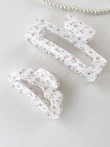 OUSEON 2pcs Ditsy Floral Pattern Hair Claw Cute Tiaras Valentine's Day Valentines Claw Clips Hair Clips Hair Jaw Clip Hair Clamps Hair Clutch Hair Catcher Clip - White - View 5