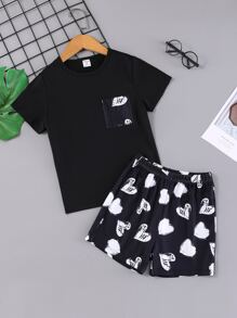Chicas Conjunto de pijama con estampado de corazón - Negro - Ver 1