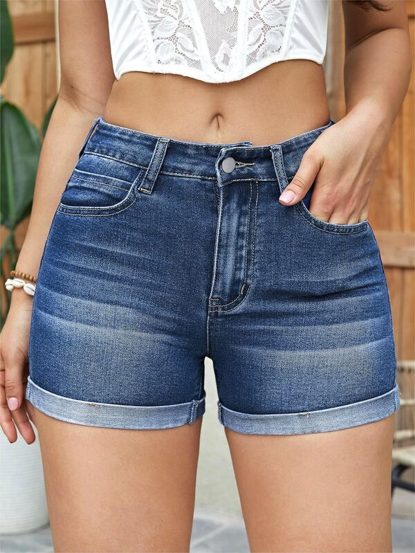 Roll Up Hem Denim Shorts SHEIN USA