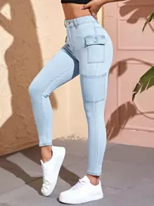 SHEIN PETITE Quần jean nữ Dây kéo Nút Túi màu trơn - Rửa nhẹ - Xem 1