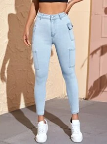 SHEIN PETITE Quần jean nữ Dây kéo Nút Túi màu trơn - Rửa nhẹ - Xem 3