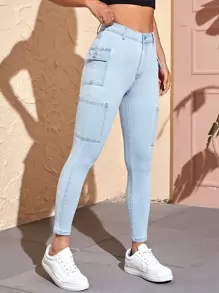 SHEIN PETITE Quần jean nữ Dây kéo Nút Túi màu trơn - Rửa nhẹ - Xem 4