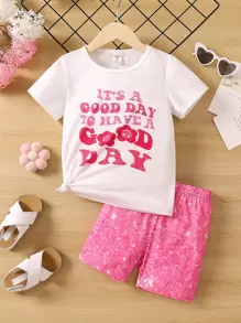 SHEIN Cô Gái Trẻ Slogan Giải trí Thoải mái Đơn giản Vòng cổ Tay thường 2 cái/bộ Cho mùa hè - Nhiều màu - Xem 1