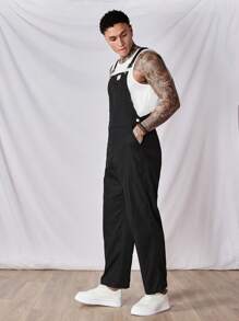 GENTILAND Men Solid Suspender Jumpsuit Without Tank Top - Black - View 4