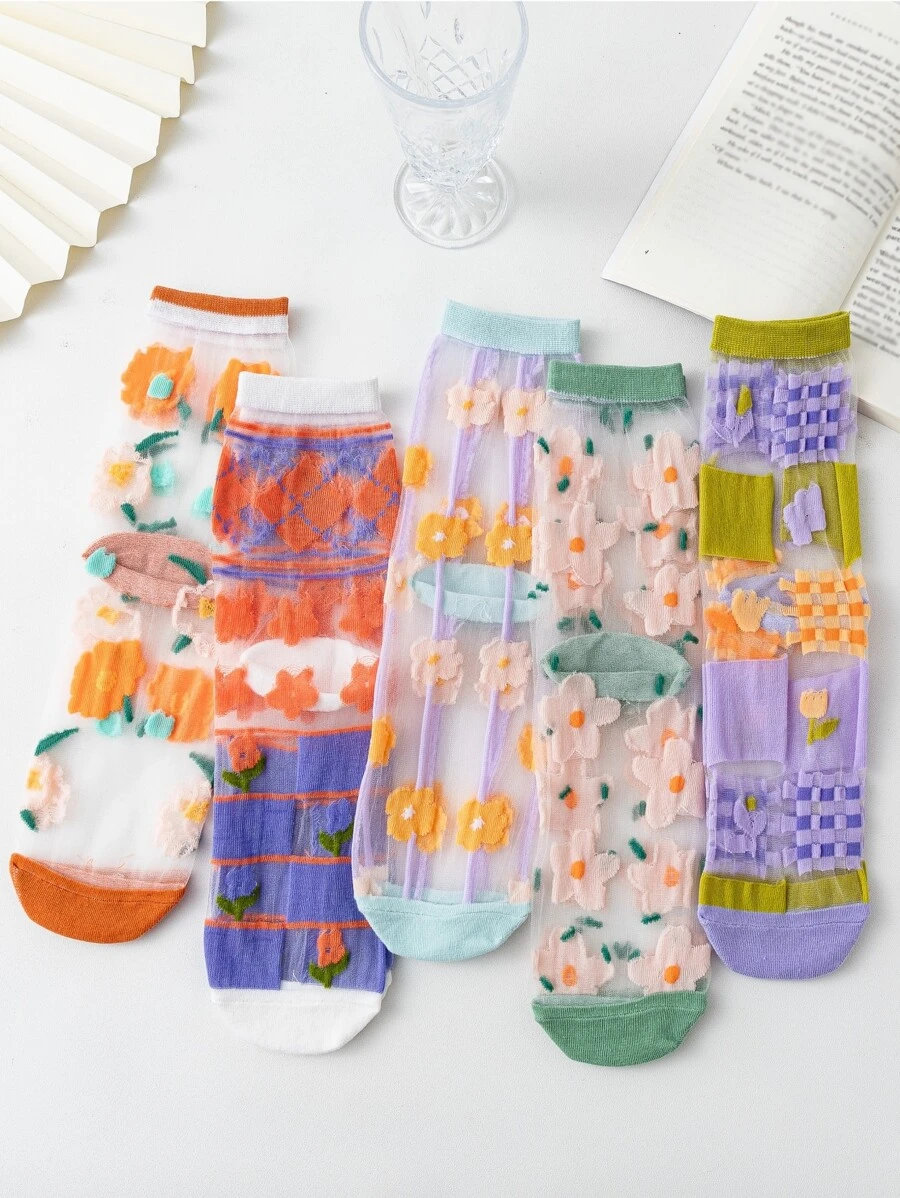 Mujer 2 pares con patrón floral al azar de moda para diariamente - Multicolor - Ver 1