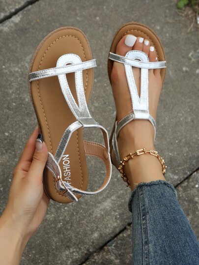 Women Metallic Ankle Strap Sandals, Glamorous Summer Flat Sandals