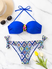 SHEIN Swim Summer Beach Geo Print Halter Tie Side Bikini Set - Multicolor - View 3