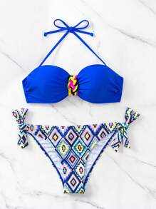 SHEIN Swim Summer Beach Geo Print Halter Tie Side Bikini Set - Multicolor - View 7