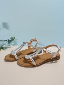 Frauen metallisch Sandalen mit Knöchelriemen, Glamourös Sommer Flache Sandalen