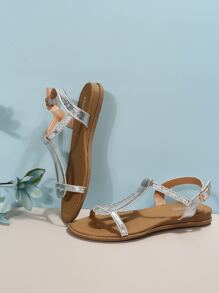 Frauen metallisch Sandalen mit Knöchelriemen, Glamourös Sommer Flache Sandalen