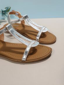 Frauen metallisch Sandalen mit Knöchelriemen, Glamourös Sommer Flache Sandalen