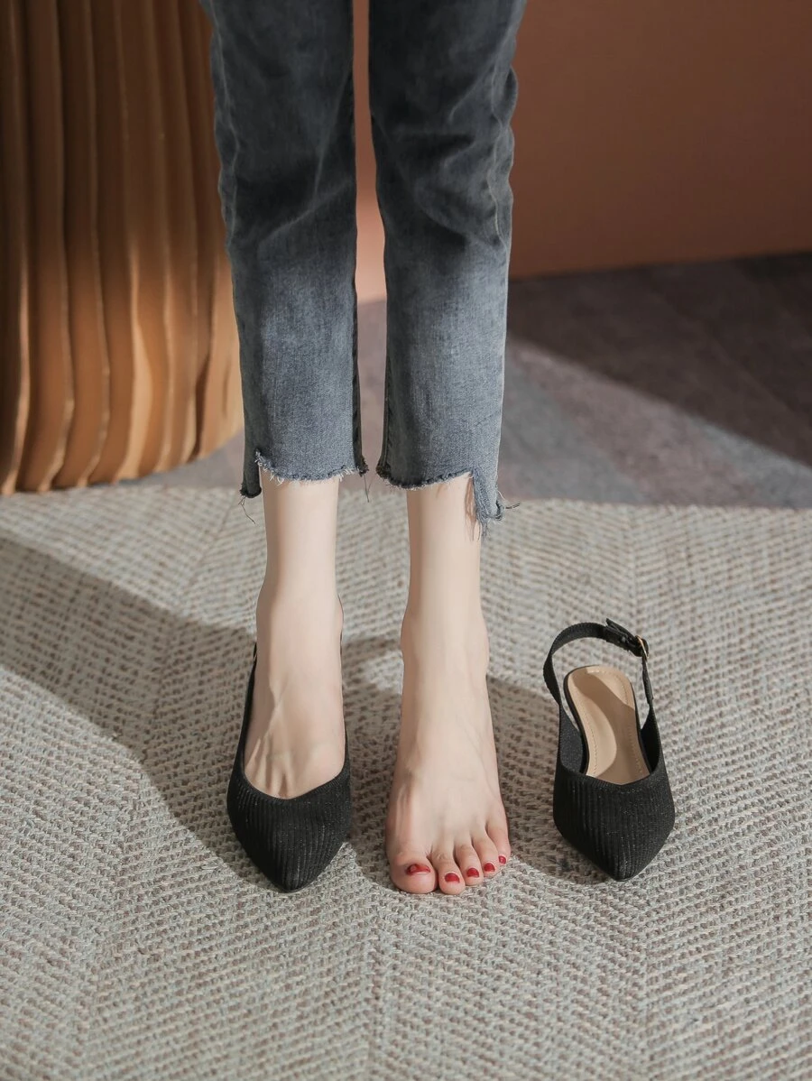 女士極簡尖頭高跟露跟優雅黑色高跟鞋 - 黑色 - 查看 1