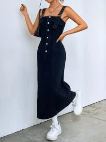 SHEIN EZwear Váy denim nữ Túi Nút phía trước màu trơn Giải trí - màu đen - Xem 2