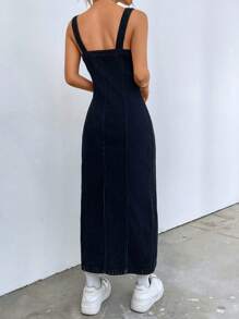 SHEIN EZwear Váy denim nữ Túi Nút phía trước màu trơn Giải trí - màu đen - Xem 3