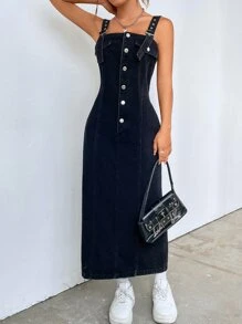 SHEIN EZwear Váy denim nữ Túi Nút phía trước màu trơn Giải trí - màu đen - Xem 4