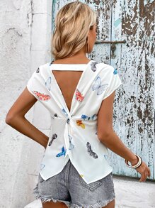 SHEIN VCAY Butterfly Print Twist Back Batwing Sleeve Blouse - Multicolor - View 6