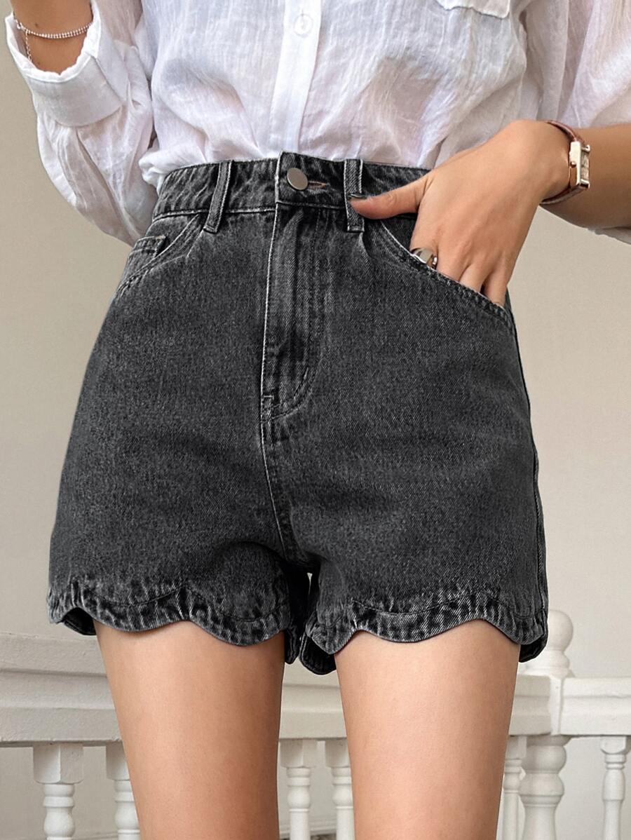 DAZY Cao eo Cắt vỏ sò Quần short Denim - Màu xám đen - Xem 1