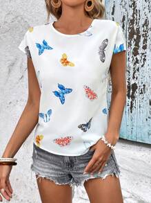 SHEIN VCAY Butterfly Print Twist Back Batwing Sleeve Blouse - Multicolor - View 5