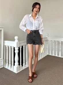 DAZY Cao eo Cắt vỏ sò Quần short Denim - Màu xám đen - Xem 3