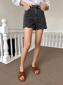 DAZY Cao eo Cắt vỏ sò Quần short Denim - Màu xám đen - Xem 4