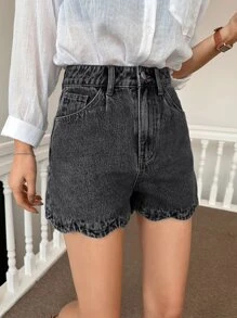 DAZY Cao eo Cắt vỏ sò Quần short Denim - Màu xám đen - Xem 5