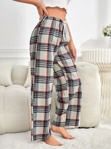 Plaid Print Tie Front Wide Leg Sleep Pants - Red and White - View 3