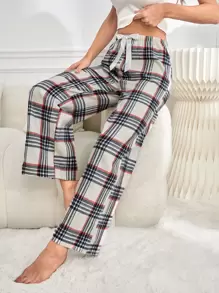 Plaid Print Tie Front Wide Leg Sleep Pants - Red and White - View 1