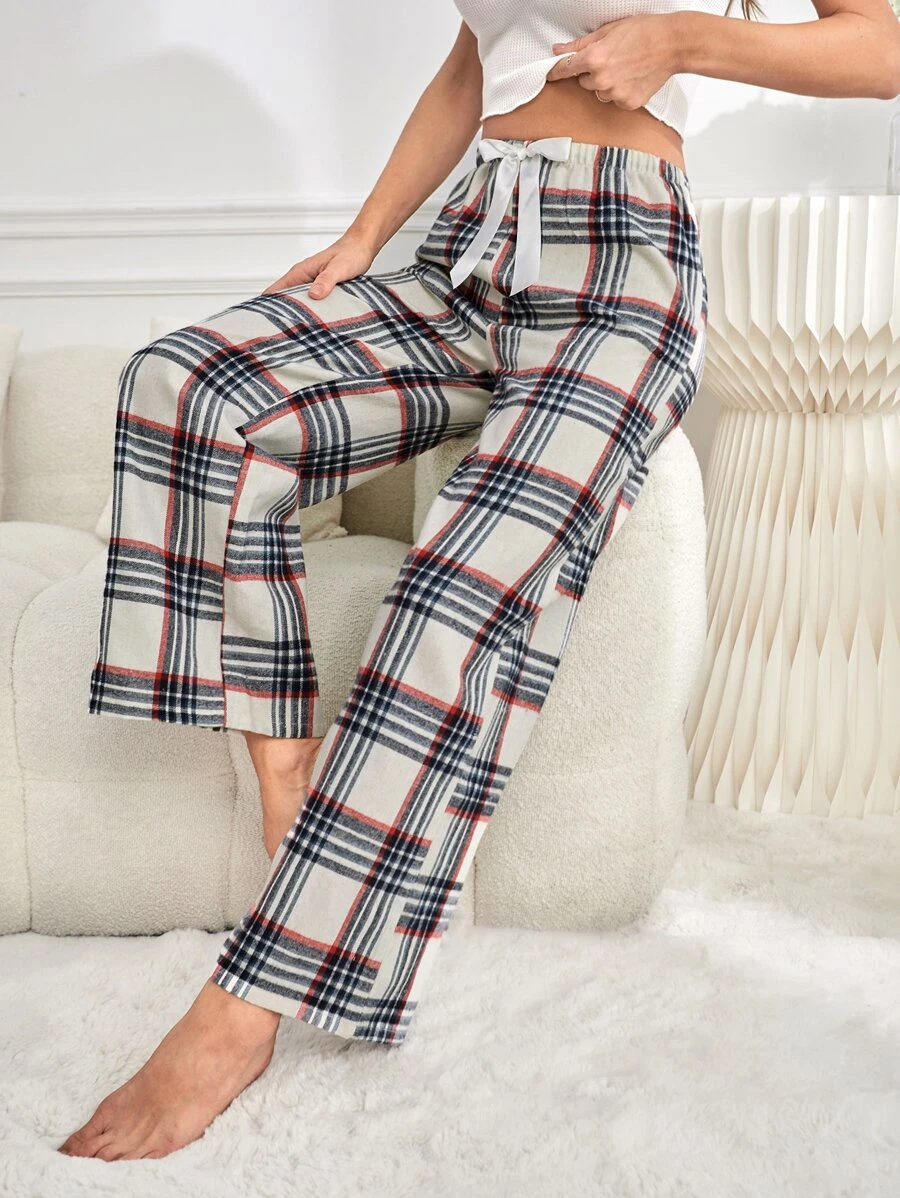Plaid Print Tie Front Wide Leg Sleep Pants - Red and White - View 1