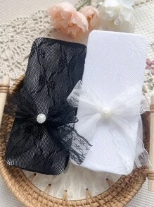 2對女童蝴蝶結和人造珍珠裝飾時尚漁網褲襪適合日常裝飾