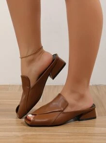 Women Minimalist Peep Toe Chunky Heeled Mule Sandals, Elegant Summer Heeled Sandals - Brown - View 2