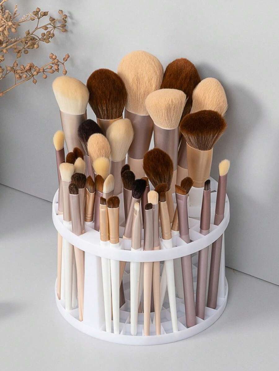 1pc Plastic Desktop Makeup Brush Holder, Minimalist White Round Multi-grid Makeup Brush Storage Rack For Makeup Brush Storage, Home - White - View 1