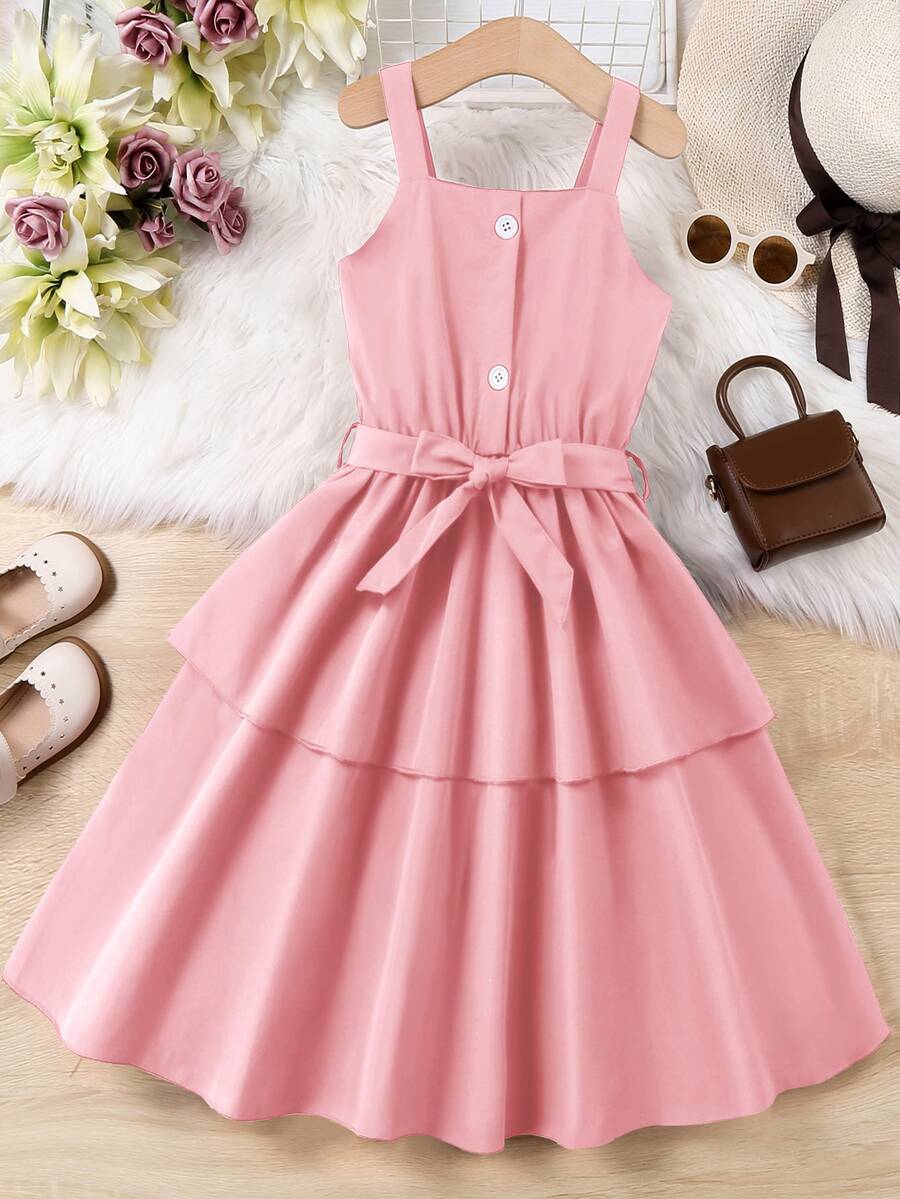 Chicas Vestido de tirantes de dos capas bajo - Rosa Pálido - Ver 1