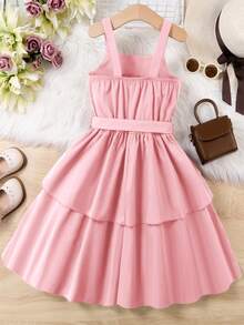 Chicas Vestido de tirantes de dos capas bajo - Rosa Pálido - Ver 2