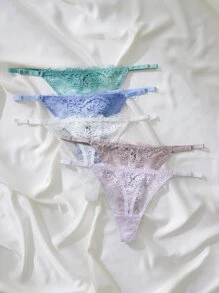 Women's Romantic Multicolor Lace Thong Panties Medium Stretch Underwear Set - Multicolor - View 4