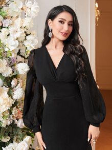 Modelyn 圓點拼接網紗燈籠袖洋裝不附腰帶 - 黑色 - 查看 5