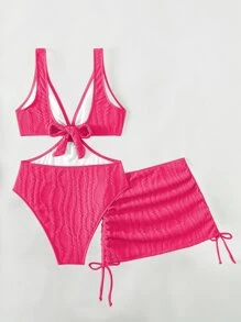 Ring Linked Cut Out One Piece Swimsuit With Beach Dress - Hot Pink - View 6