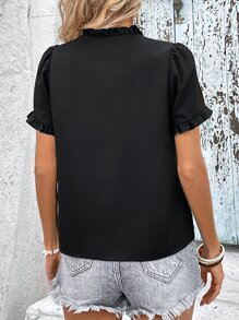 SHEIN Clasi Áo sơ mi nữ viền lá sen màu trơn Giải trí - màu đen - Xem 2