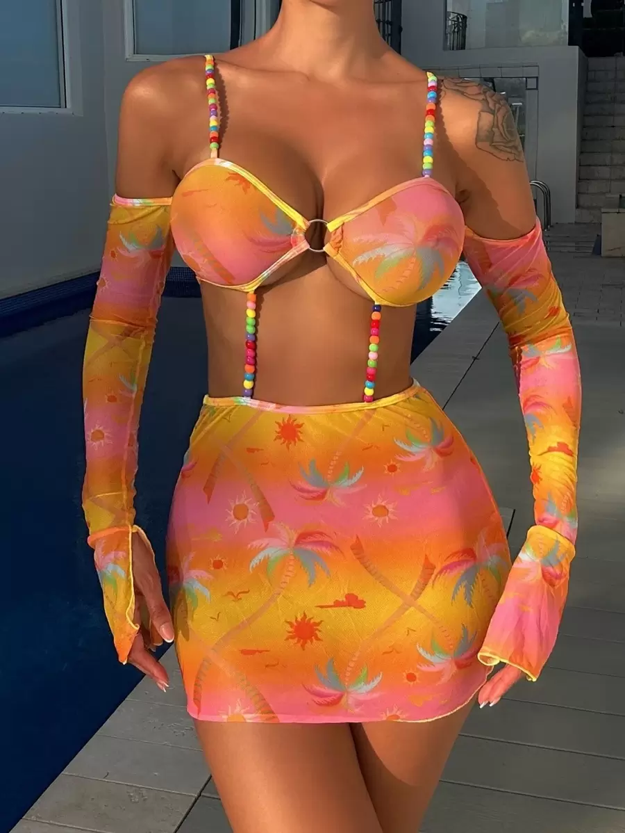 SHEIN Swim Floral Print Cold Shoulder Cover Up Dress Summer - Multicolor - View 1