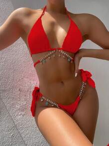 SHEIN Swim 带链条装饰的两件套比基尼泳装，海滩度假夏季 - 紅色 - 查看 1