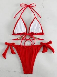 SHEIN Swim 带链条装饰的两件套比基尼泳装，海滩度假夏季 - 紅色 - 查看 2