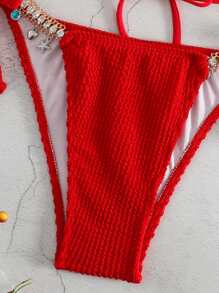 SHEIN Swim 带链条装饰的两件套比基尼泳装，海滩度假夏季 - 紅色 - 查看 3